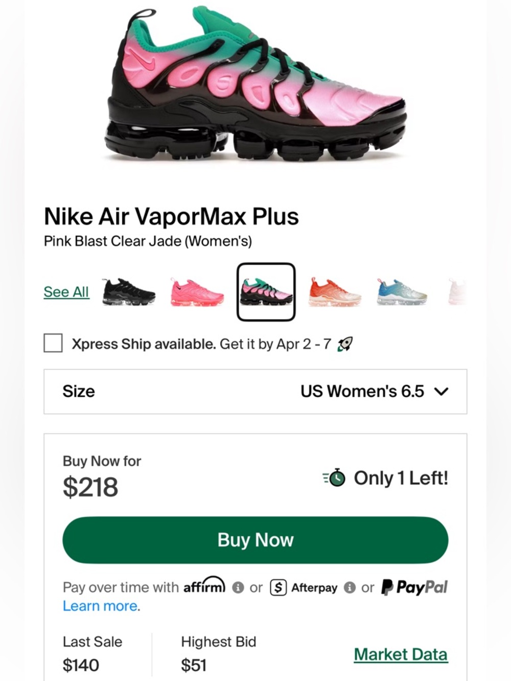Nike Air VaporMax Plus “Pink Blast Clear Jade” Women’s Size 6.5 - Picture 9 of 9